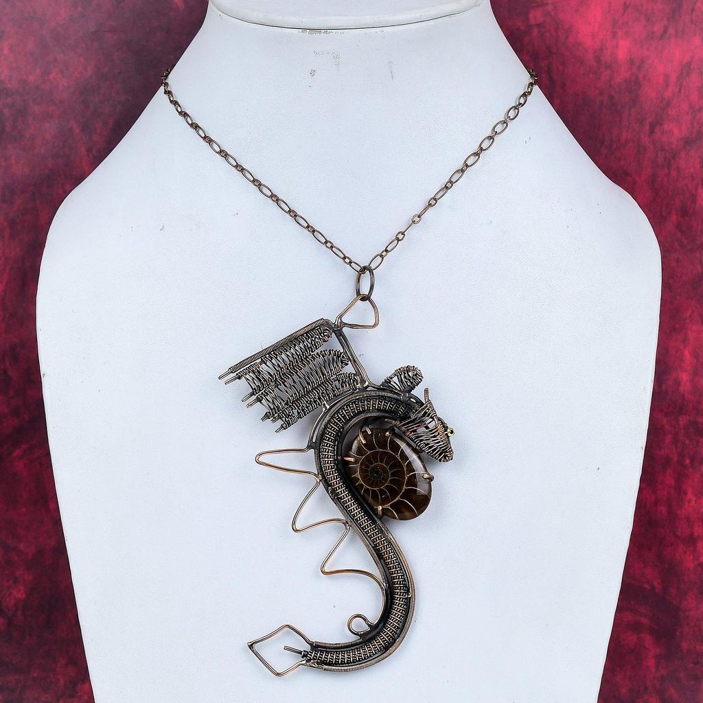 Ammonite fossil pendant copper wire wrapped pendant handmade jewelry gemstone pendant wire wrap dragon jewelry gift for women decent pendant
