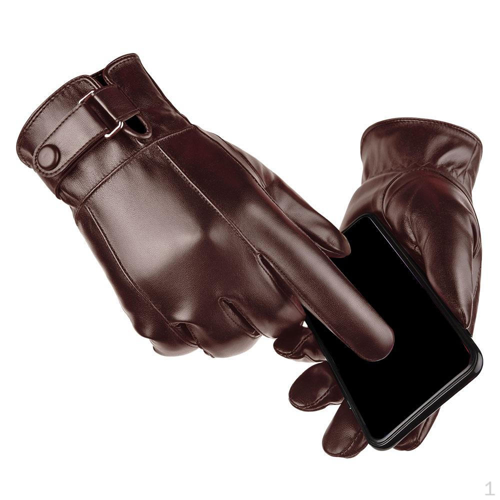Men Women Winter Gloves PU Leather Thick Touchscreen Warm Soft Windproof Waterproof Brown 24.5cm