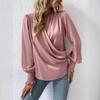 Women's V Neck Long Sleeve Blouse Loose Fit Solid Satin Surplice Ruched Smocked Cuff Lantern Sleeve Elegant Commuter Shirt