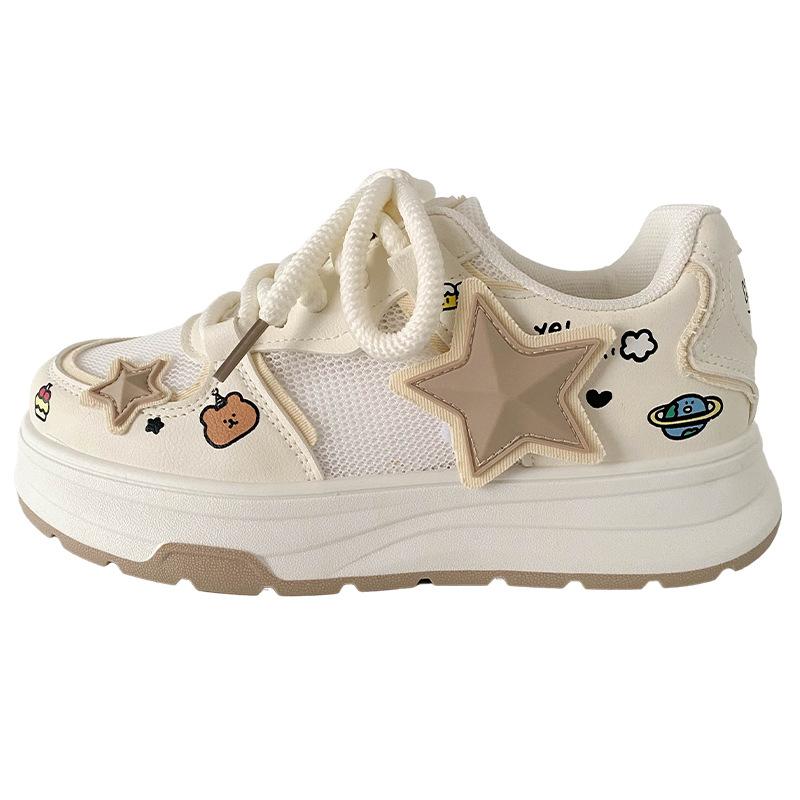 

B2112 латексная стелька/принт звезд толстая подошва обувь женская обувь нишевый дизайн 2025 новая круглая голова повседневная обувь 35 бежевый