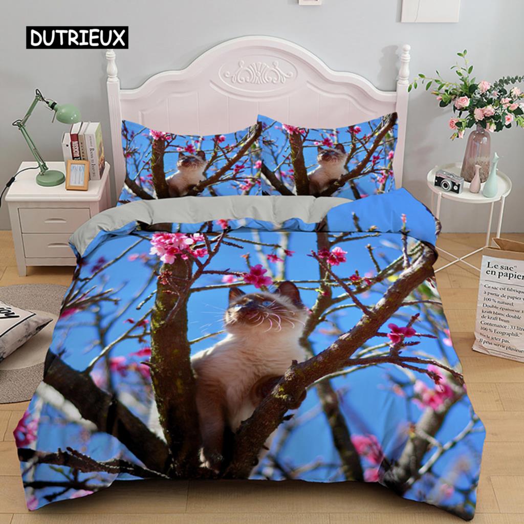 Cat Flowers King Queen Duvet Cover 3D Pet Kitty Floral Bedding Set Teens Adult Yellow Chrysanthemum 2/3pcs Polyester Quilt Cover