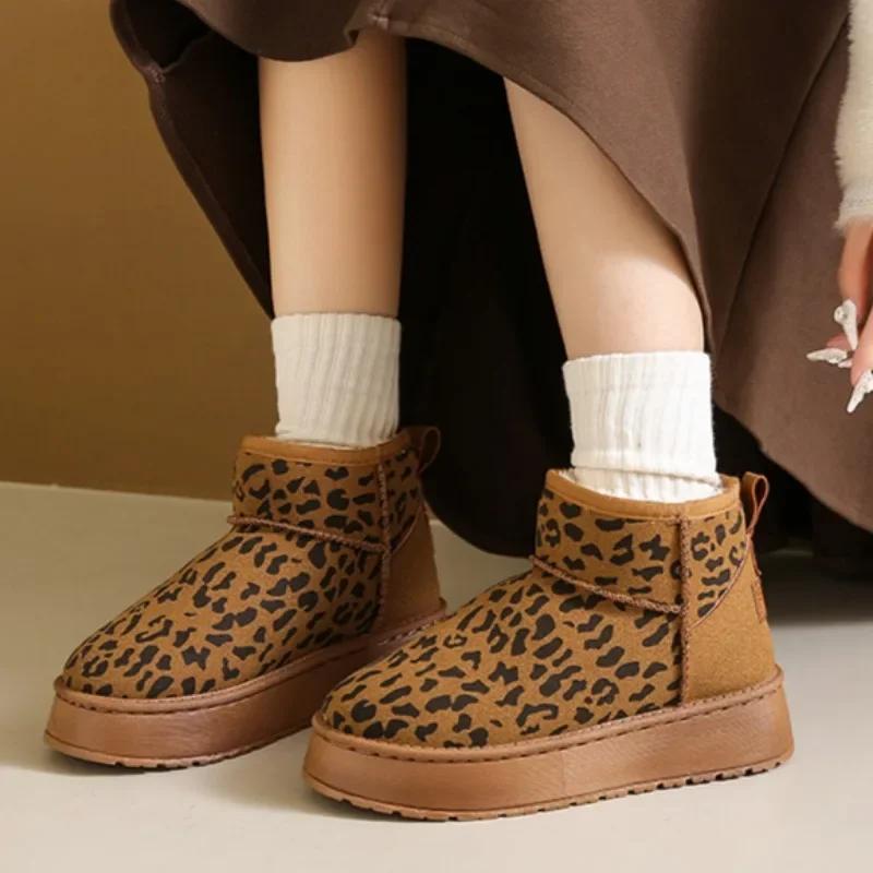Womens Ankle Boot 2025 Trend New Leopard Print Design Home Plush Warm Botas Mujer Casual One-foot Thick-soled Walking Snow Boots