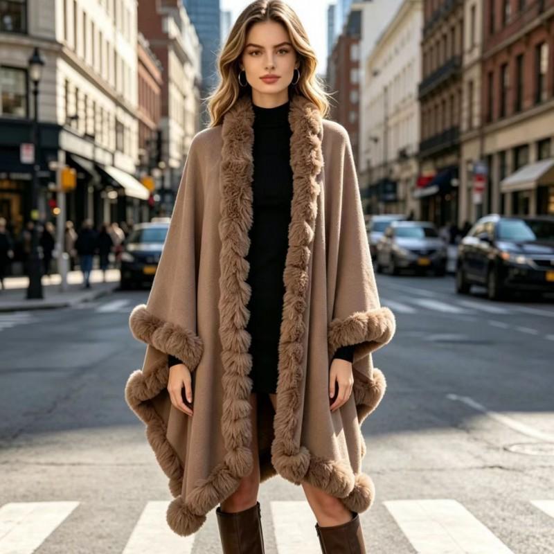 Oversized Knit Cape With Faux Fur Collar Women Winter Warm Thick Sweater Shawl Street Style