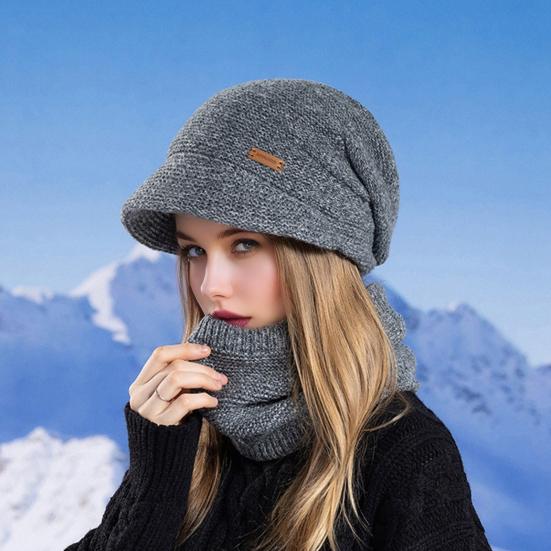 2Pcs/Set Women Winter Hat Scarf Set Solid Color Elastic Thickened Ear Protection Knitting Hat
