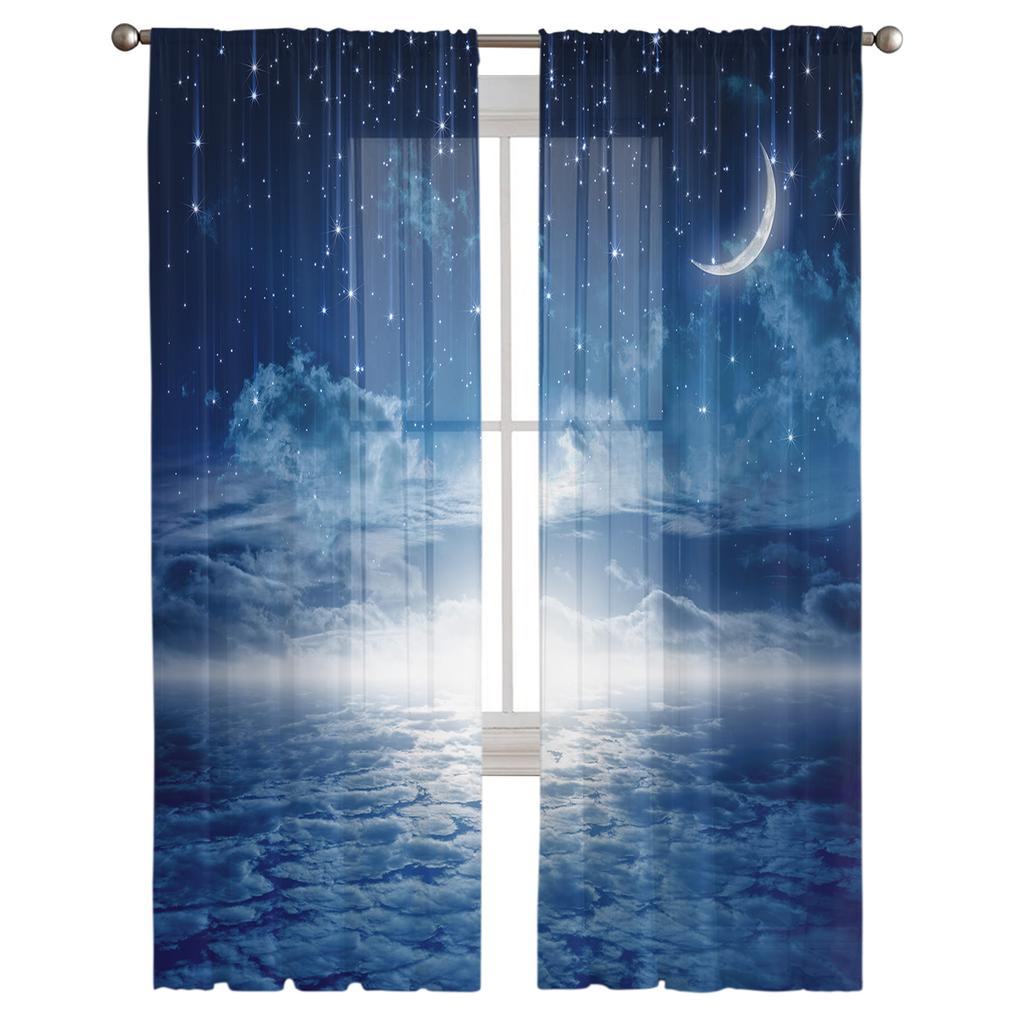 White Clouds Moon In The Night Sky Tulle Window Curtains Living Room Organza Sheer Voile Curtain Bedroom Kitchen Home Decor
