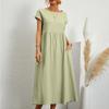 Κομψό γυναικείο μονόχρωμο φόρεμα καλοκαιρινό κοντό μανίκι Ο-λαιμόκοψη Vintage Βαμβακερό λινό Harajuku Άνετο μακρύ φόρεμα με φαρδιά τσέπη