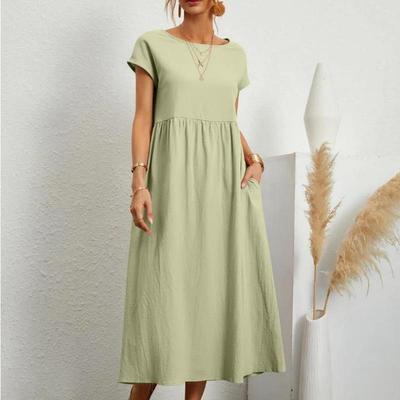Elegantes, einfarbiges Damenkleid im Sommer, kurzärmlig, O-Ausschnitt, Vintage, Harajuku, Baumwolle, Leinen, bequem, locker, langes Kleid mit Tasche