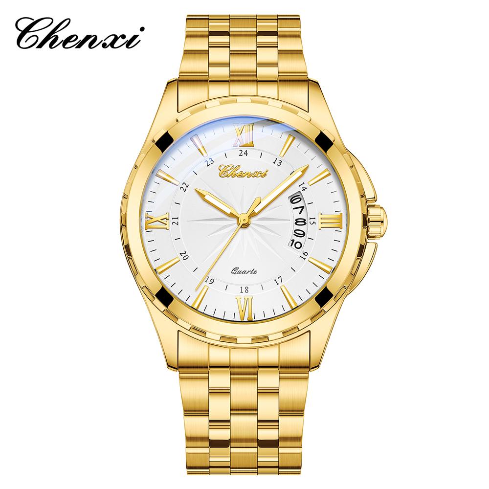 Fashion Golden Business Men Watches Round Dial Calendar Display Men's Wristwatch Luminous Stainless Steel Band Man Watch CHENXI