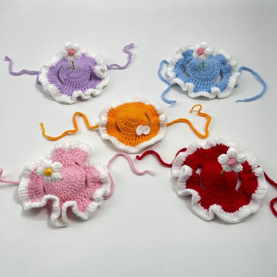 Crochet Flower Cat Hat Handmade Scalloped Pet Hat with Flower Ear Holes Cute Flower Hat for Small Medium Dogs Cats Party Photo Props