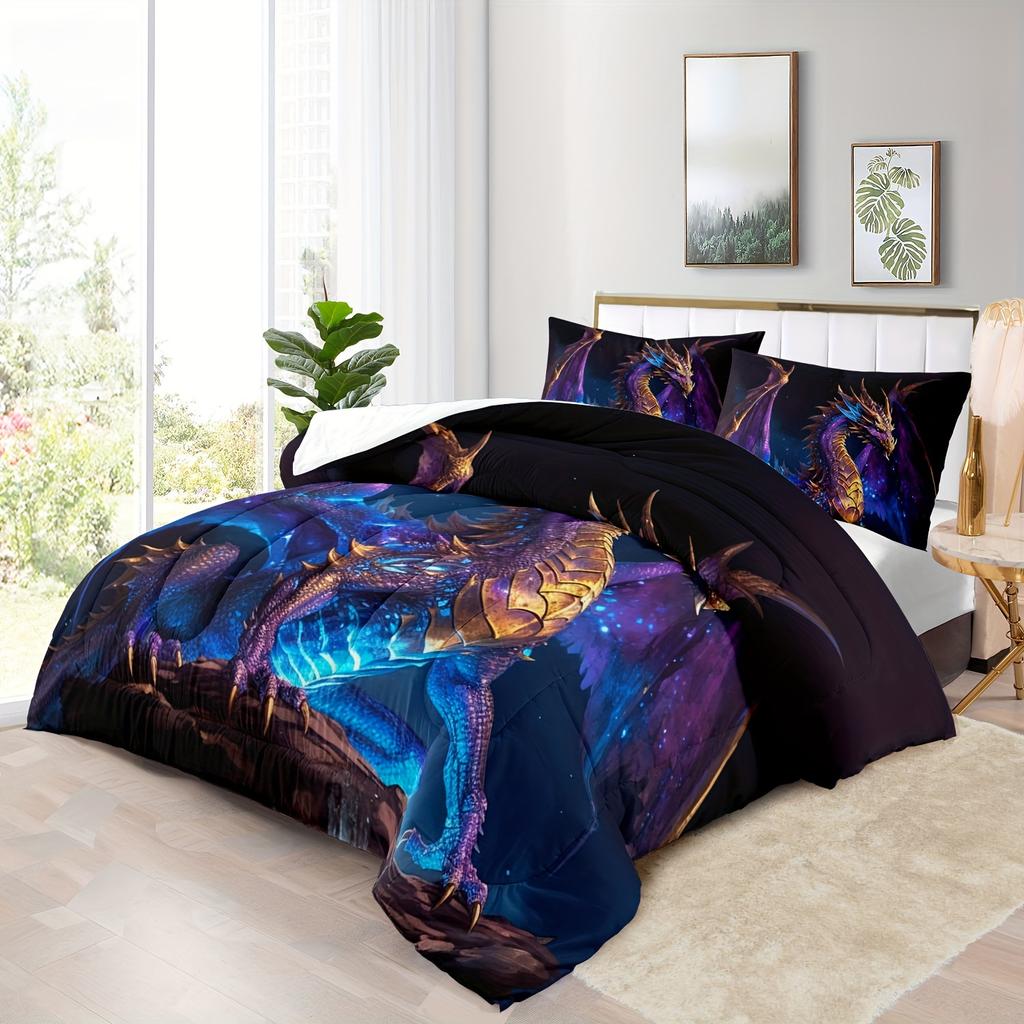 3pcs, Soft And Comfortable Dragon Comforter Set, Ancient Wild Animal Dragon Pattern Bedding Set, Dragon Bedding Set, 3D  Cartoon