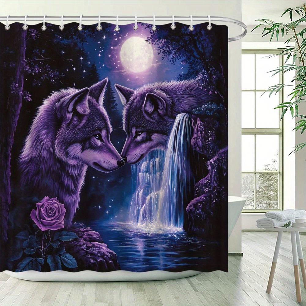 Mystical Wolf Shower Curtain -Anthropomorphic Wolves, Moonlight, Purple Gray Fur, Starry Night & Waterfall, Pink Rose, Polyester