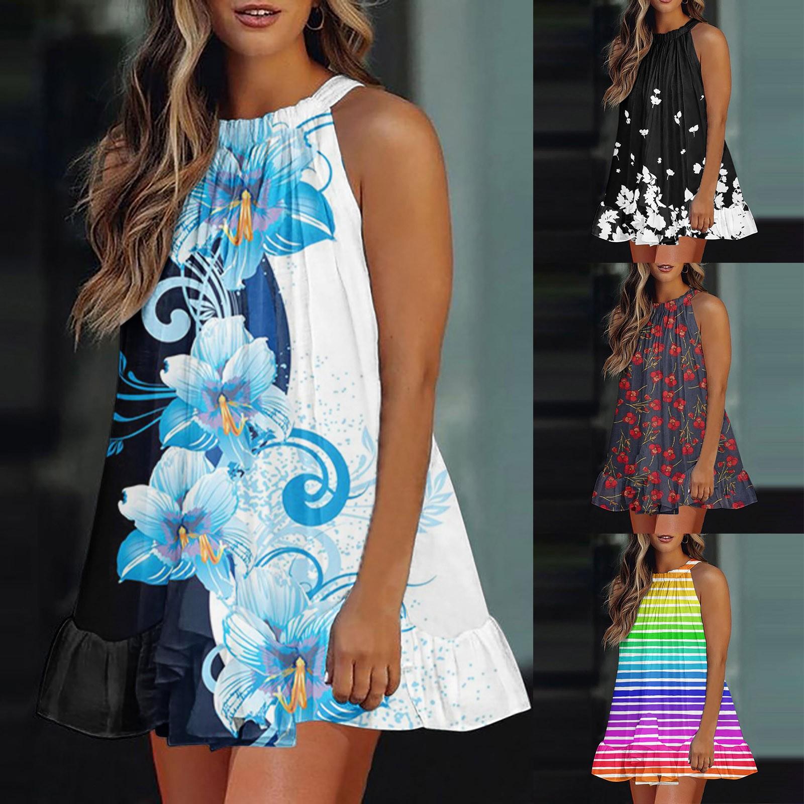 

Ladies Casual Printed Neck Tie Loose Dress Ruffled Swing Dress