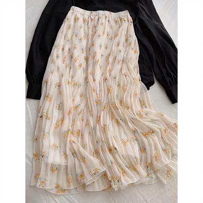 Damen floraler Print gefalteter Chiffon Midi-Rock elastische Taille lässiger A-Linien fließender Rock