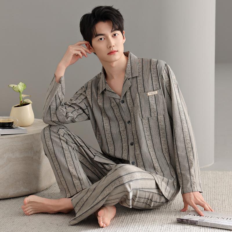 Pure Cotton Pajamas Men'S Loungewear Spring Suit Cardigan Long-Sleeved Plaid Can Be Worn Outside Spring And Autumn Styles