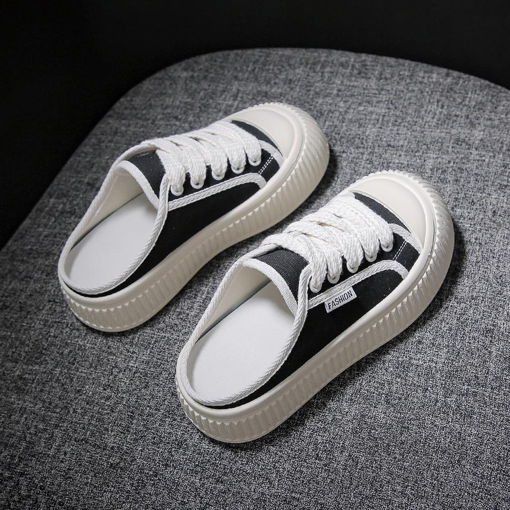 Half Dragged White Shoes for Women Breathable and Casual Canvas Shoes