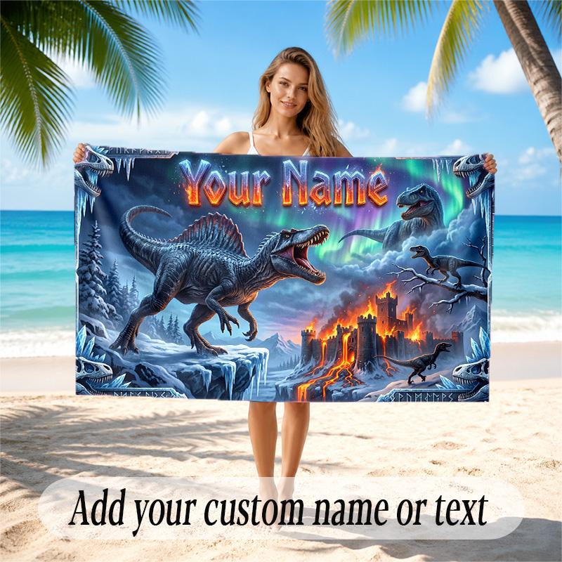 Dinosaur Theme Quick Dry Beach Towel Custom Name Text Print Large Sand Resistant Towel Beach Vacation