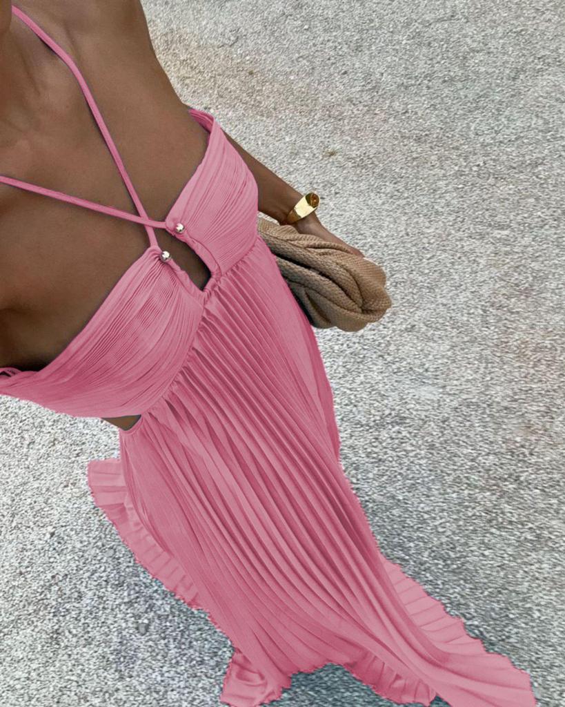 Europäisches/Amerikanisches Trägerloses Plissee-Neckholder-Kleid - Damen Sommer Einfarbig Ärmellos Strand Resort Kleidung