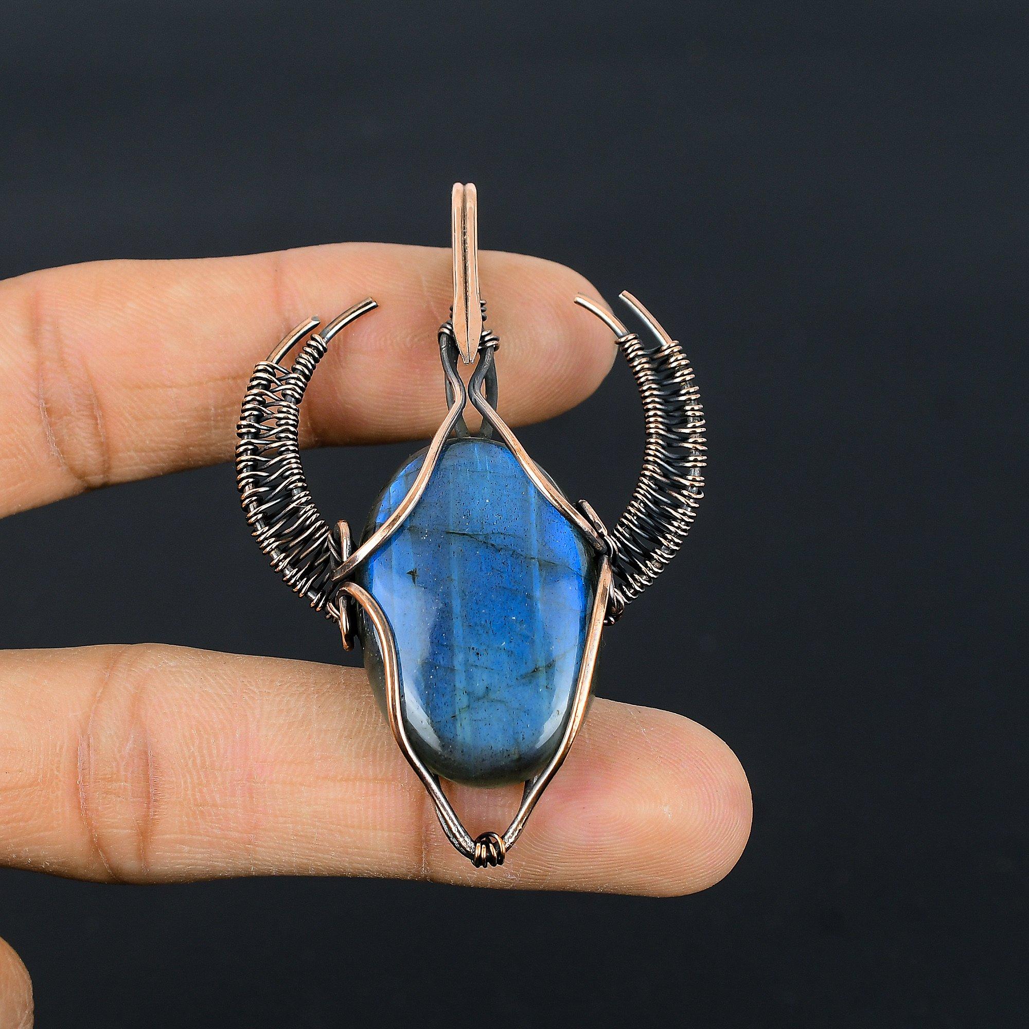 

Labradorite Pendant, Handmade Gemstone 999 Copper Wire Wrapped Bull Face Pendant Antique Jewelry, For Gift Silver Jewelry 2.55 Inches