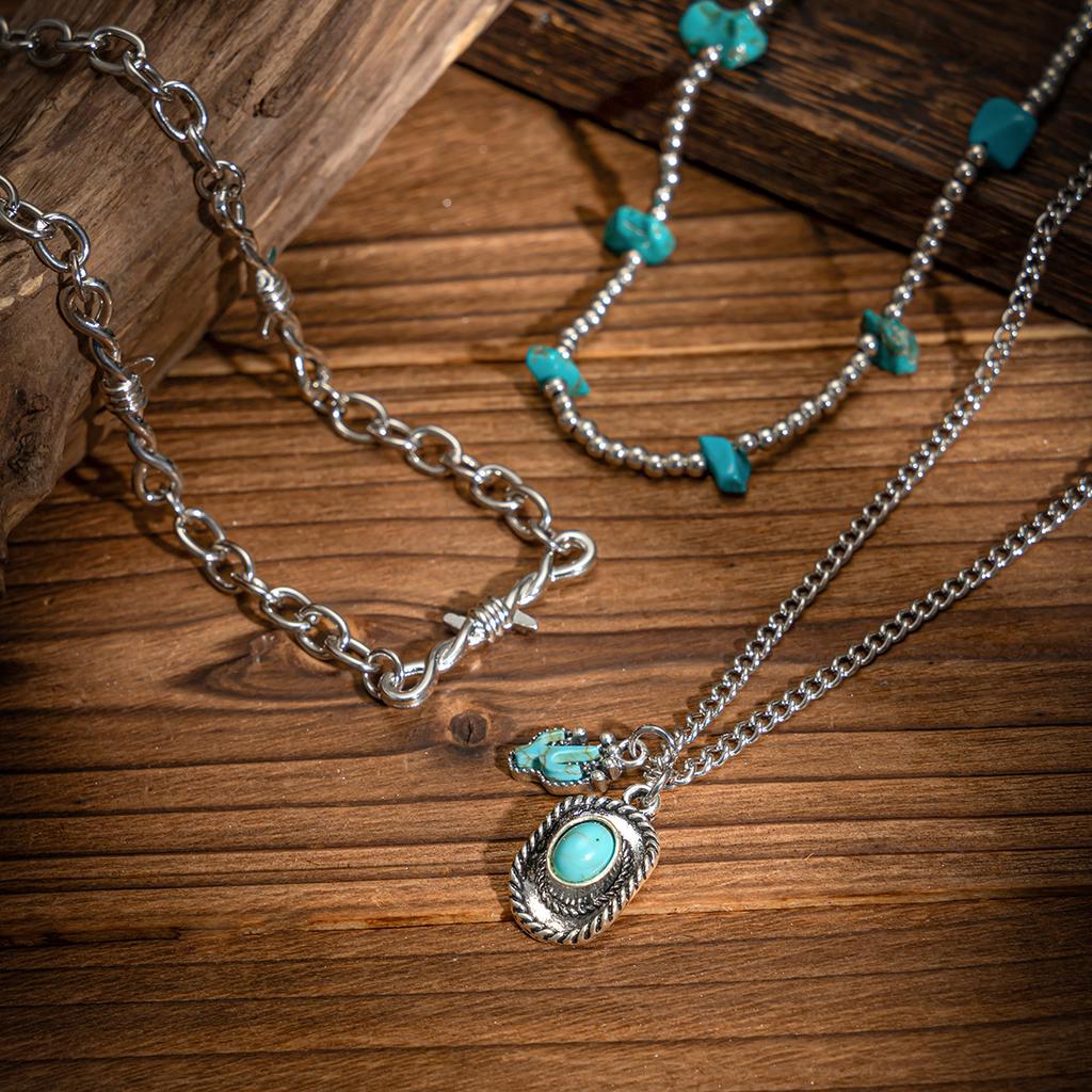 3Pcs/Set Vintage Turquoise Cowboy Hat Pendant Necklace Multilayer Ethnic Style Clavicle Chain Necklaces Choker Neck Jewelry
