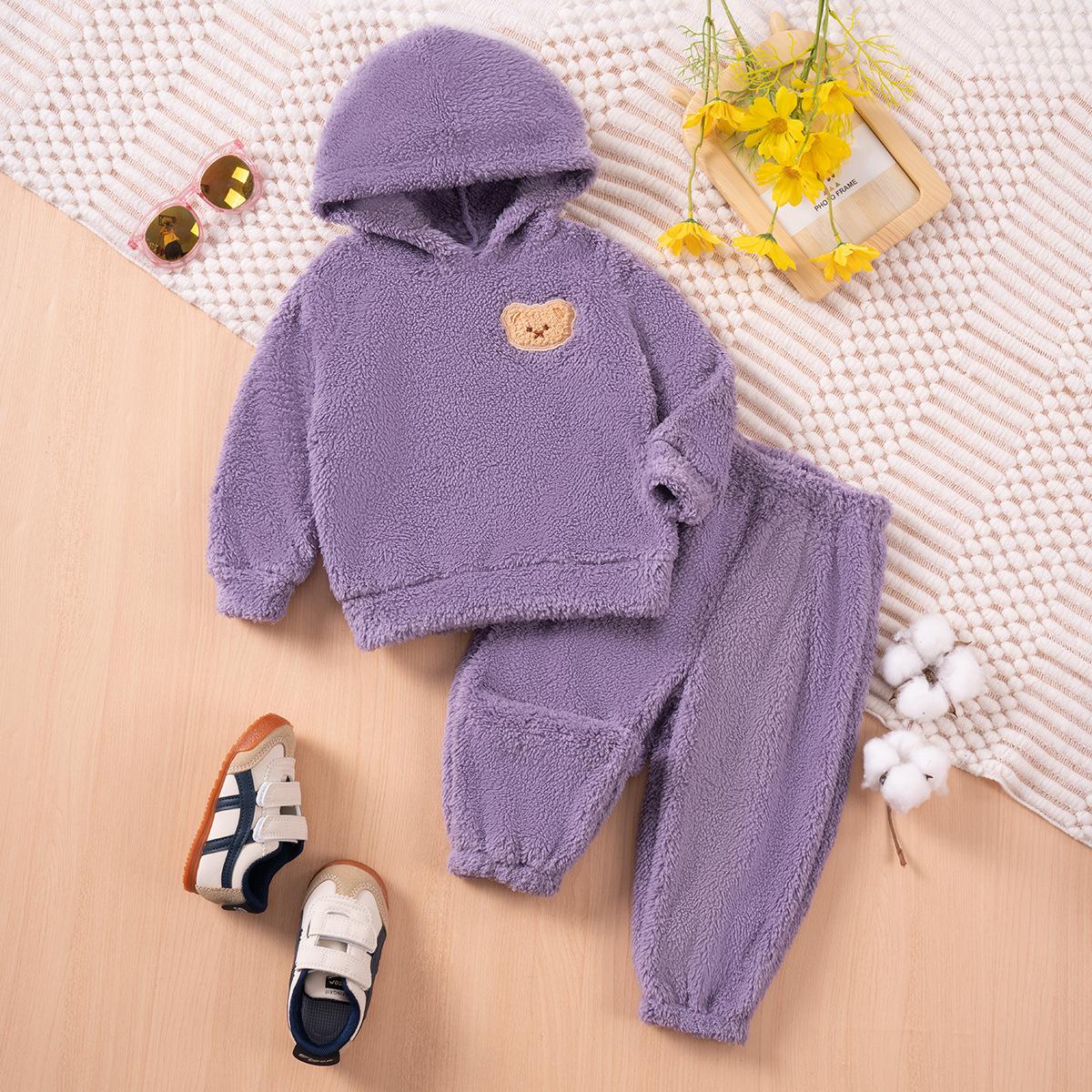 

Осенне-зимний детский костюм однотонная пижама из кораллового флиса теплая термо толстовка с капюшоном брюки милый повседневный комплект пижамы для мальчиков и девочек Домашняя одежда 90cm