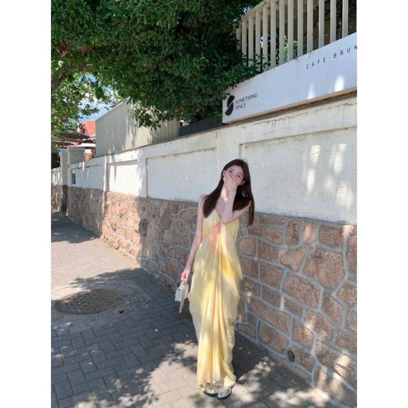 Women's Summer Yellow Gradient V-Neck Spaghetti Strap Beach Dress