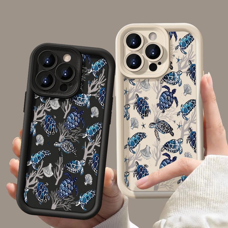 For iPhone 16 Pro 16E 15 Pro Max 14 13 12 11 Phone Case Shell Coral Turtle Pattern Anti-Fall Lens Protection Matte TPU Shockproof Soft Bumper Cover