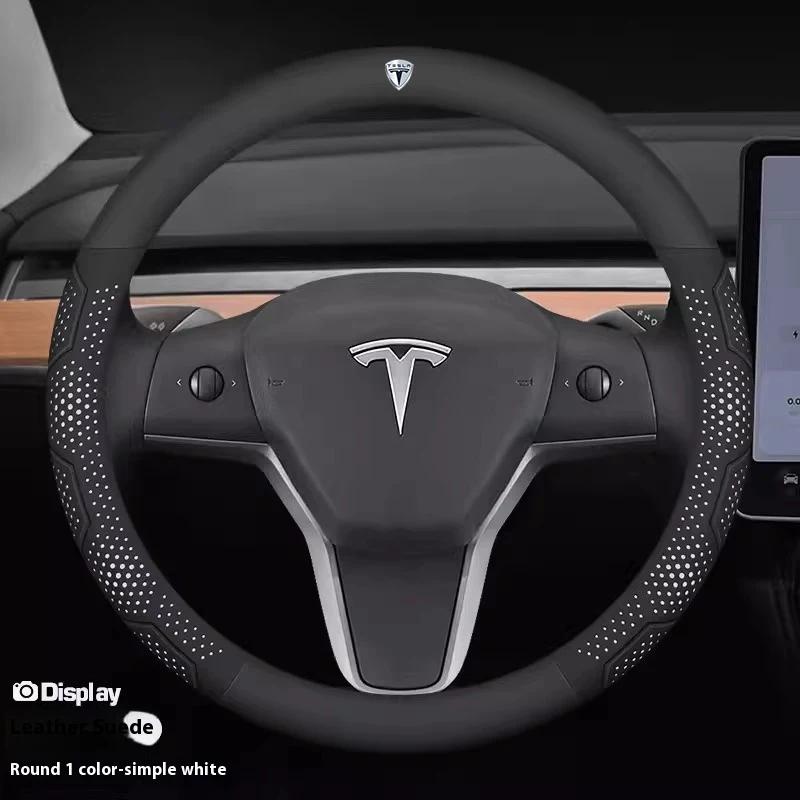 ALM1 Tesla Model 3 Y S Model X Roadster Car Carbon Fiber Suede Leather Anti-slip Breathable Car Steering Wheel Cover Auto Accessories