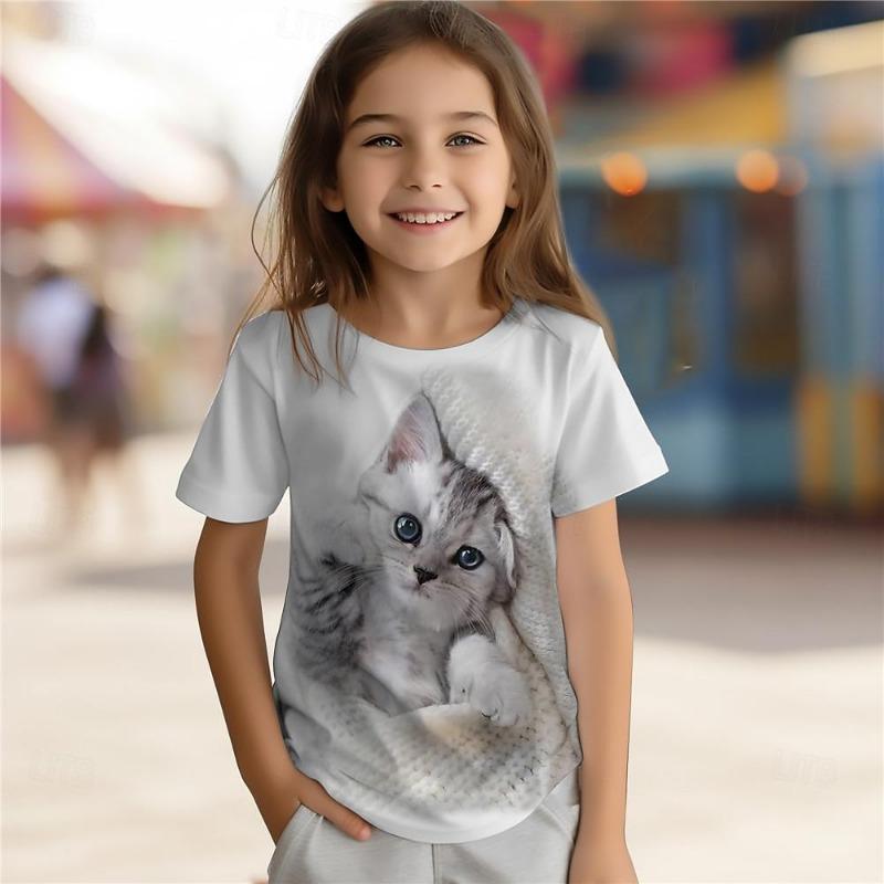 

Girls 3D Cat Tee Shirt Pink Short Sleeve 3D Print Summer Active Fashion Cute Polyester Kids 3-12 Years 160