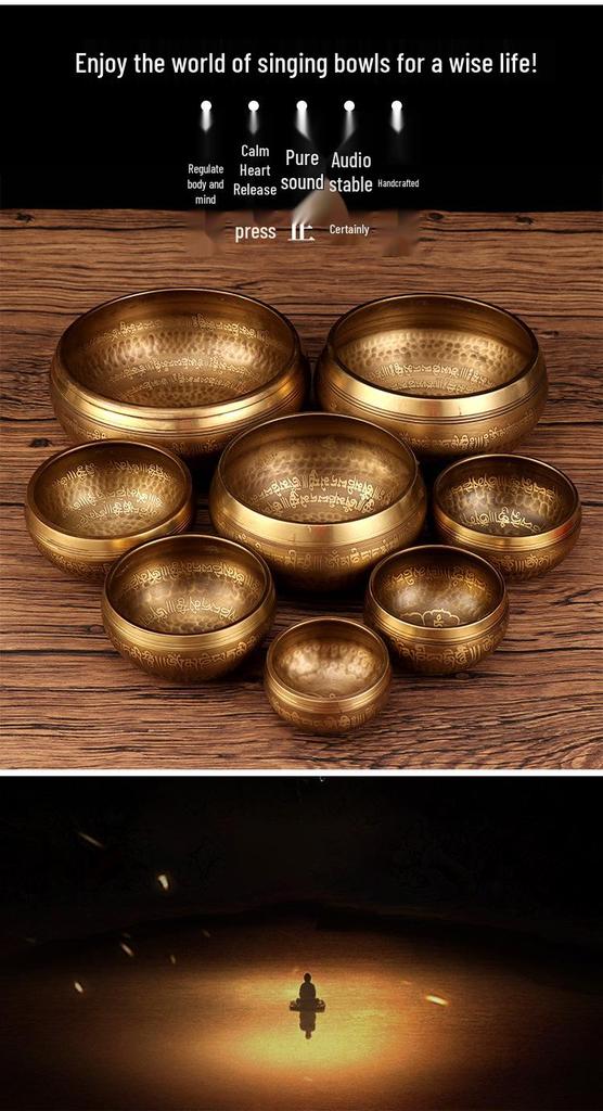 Handmade Nepal Singing Bowl with Six-Syllable Mantra for Yoga, Meditation, and Sound Healing - Calming Bronze Buddhist Bowl for Ear Cleansing.
