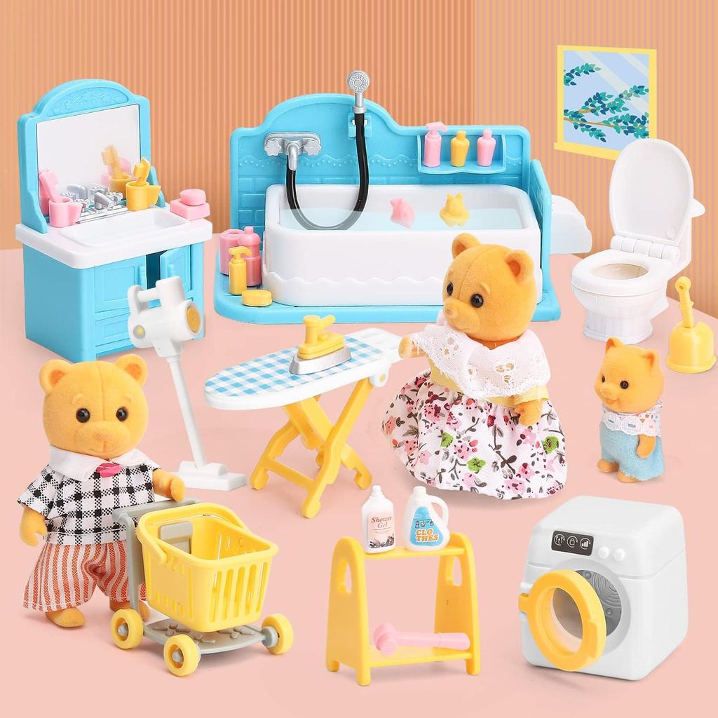 Puppenhaus-Möbelset für Kinder, Badezimmer, Küche, Kühlschrank, Waschmaschine, Wäscheset, Zubehör, Rollenspiel-Möbelspielzeug