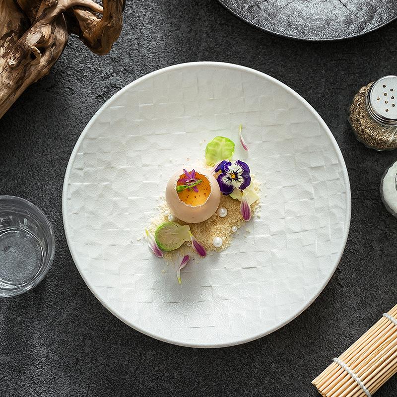 Nordic Grid Texture Ceramic Dinner Plate Round Matte Rock Pattern Cooking Plate Household Vegetable Dish Hotel Tableware Kitchen