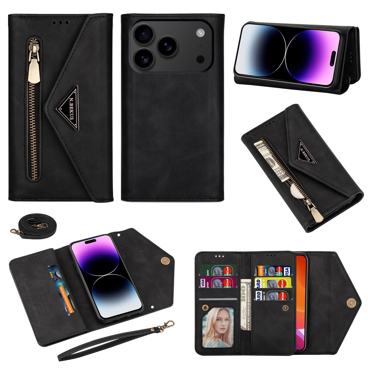N.BEKUS For iPhone 17 Pro Max Cases Skin-Touch Leather Wallet Phone Cover with Straps D