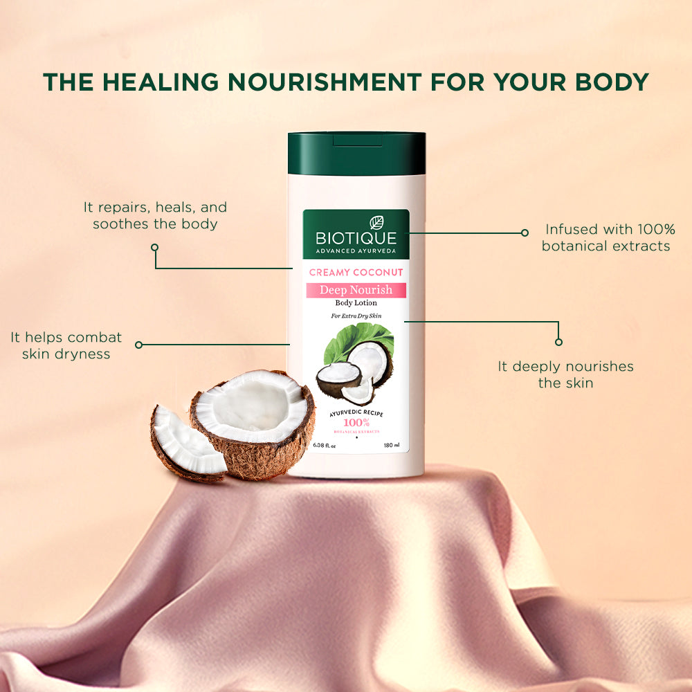 Biotique Creamy Coconut Body Lotion 180ml For Dry Skin, Deep Nourish & Repair, 100% Botanical Extracts, Moisturizing Hydration