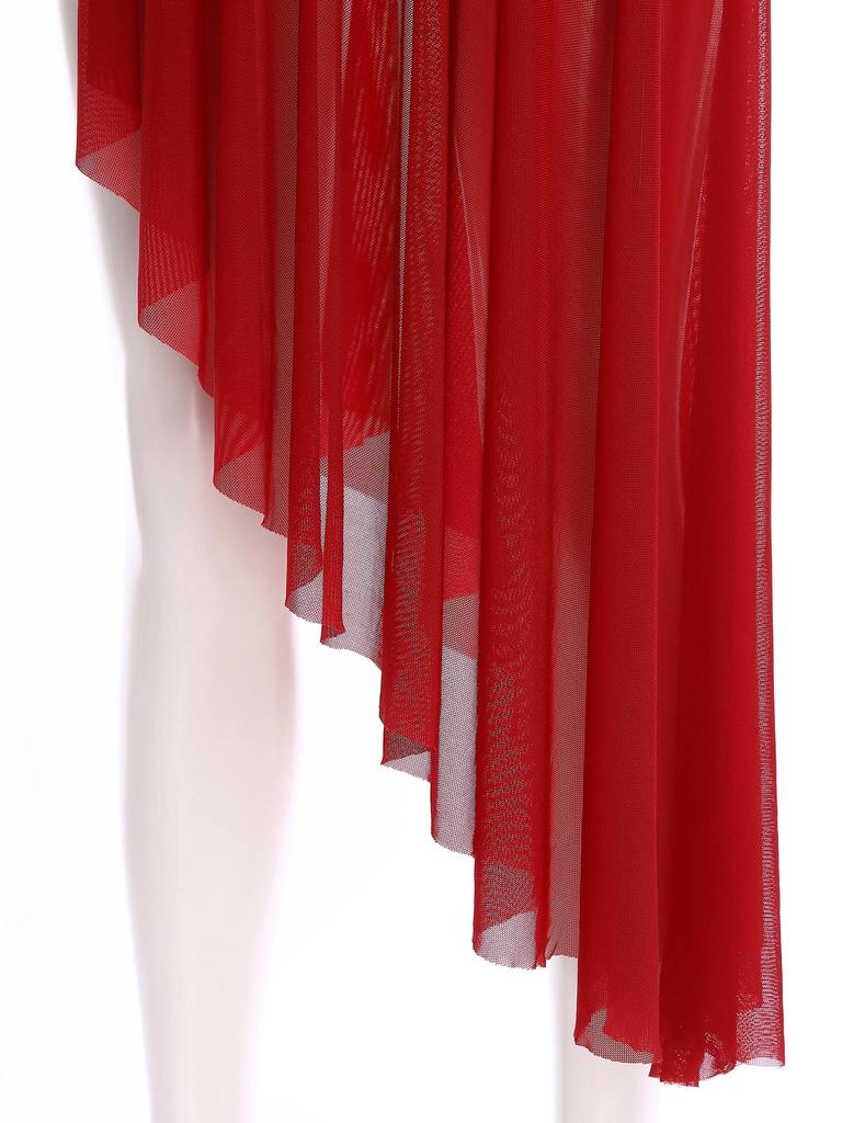 S-XXL Women Lyrical Dancewear: Asymmetrical Side Split Dress with Mock Neck, Cutout, Sheer Mesh, Patchwork & Shiny Rhinestones