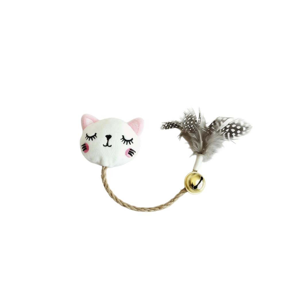 Mini Cat Shaped Plush Toy with Feather and Bell Attached on Rope for Interactive Cat Play and Pet Entertainment