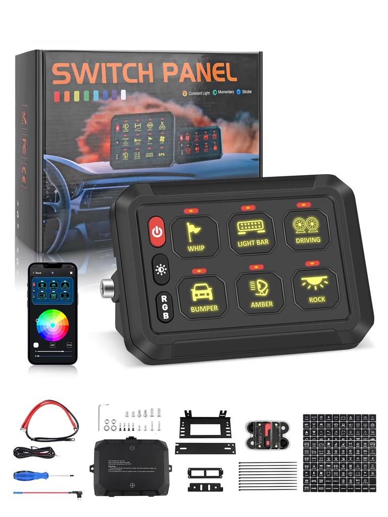 NORTHYUN Switch Panel with Mobile APP RGB Dimmable Power Circuit Relay System Box for Jeep 6-Gang Control, Bluetooth, Backlight, LED, Management,