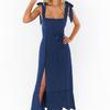 Women Summer Casual Sleeveless Spaghetti Strap A-Line Dress High Waist Long Split Solid Color Dresses