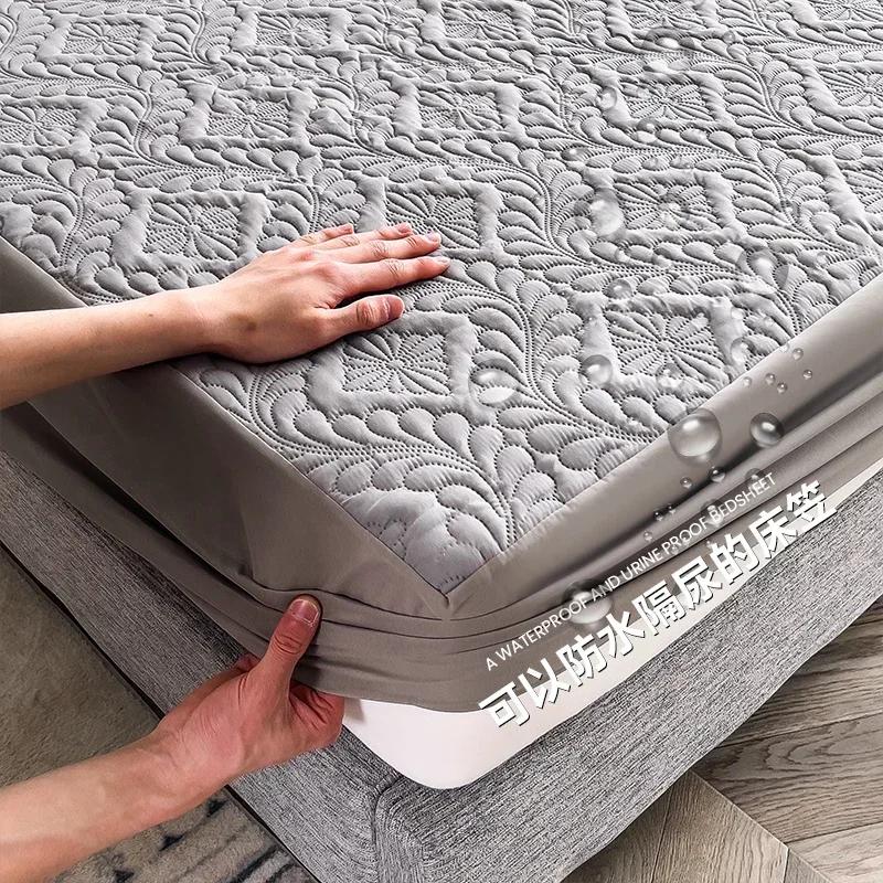 Waterproof Solid Color Embossed Mattress Cover Thicken Fitted Sheet Bed Cover for Bedroom Hotel Soft Pad for Bed