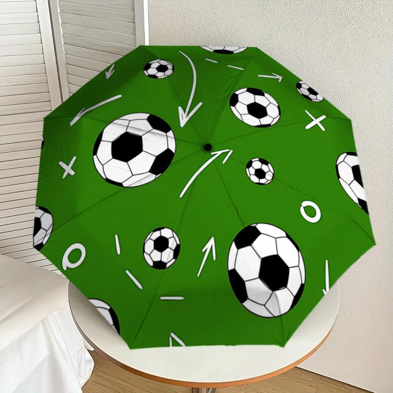 Soccer Ball Pattern Automatic Opening/Closing Umbrella - Portable Tri-Fold Design with 8-Bone Iron Frame - Outdoor Rain Gear for Fans, Trave