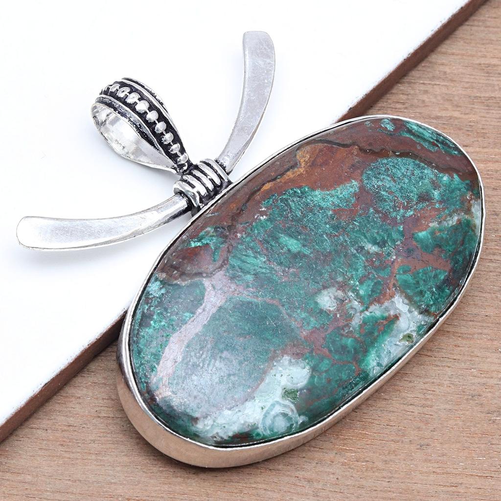 Chrysocolla Gemstone Handmade Women's Unisex Silver Jewelry Pendant 1.75