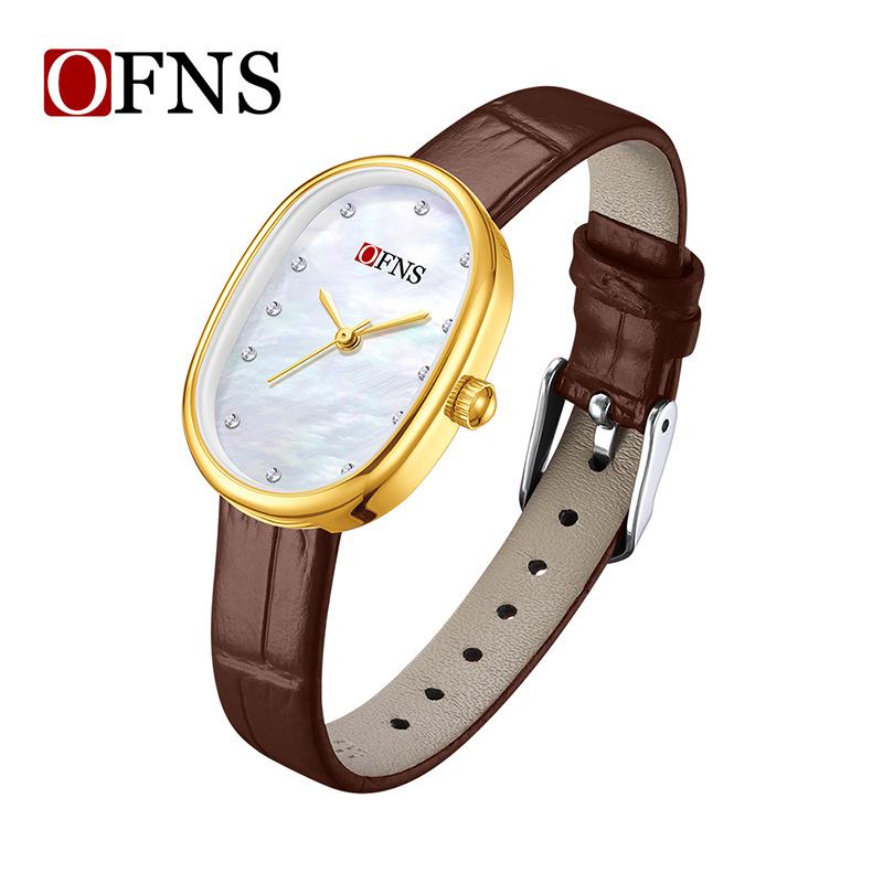 Fashion Ofns Women's Fashion Luxury Pearl Mother Of Dial Diamond Dot Oval Quartz Waterproof Light Dress Watch For Girlfriend Gif