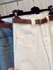 Off-White Plus Size Wide Waist Jeans, Floor Length, Loose Straight Leg, Bell Bottoms, Slimming Fit