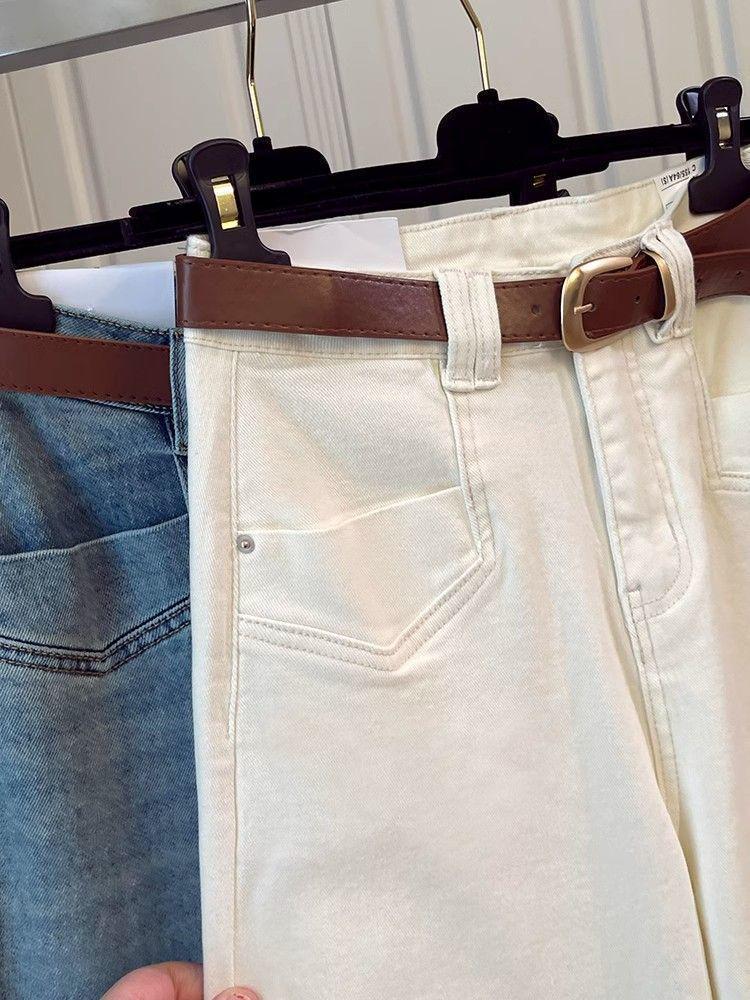 Off-White Plus Size Wide Waist Jeans, Floor Length, Loose Straight Leg, Bell Bottoms, Slimming Fit