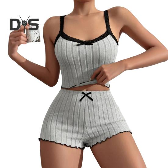 2 Pcs/Set Women Summer Pajamas Suit Shirring Edge Sleeveless Backless Crop Top Lace Bow Decor High Waist Mini Shorts Daily Nightie Slim Fit Sleepwear