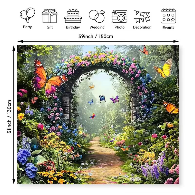 2D Enchanted Garden Butterfly Backdrop, Floral Arch Design for Birthday & Wedding