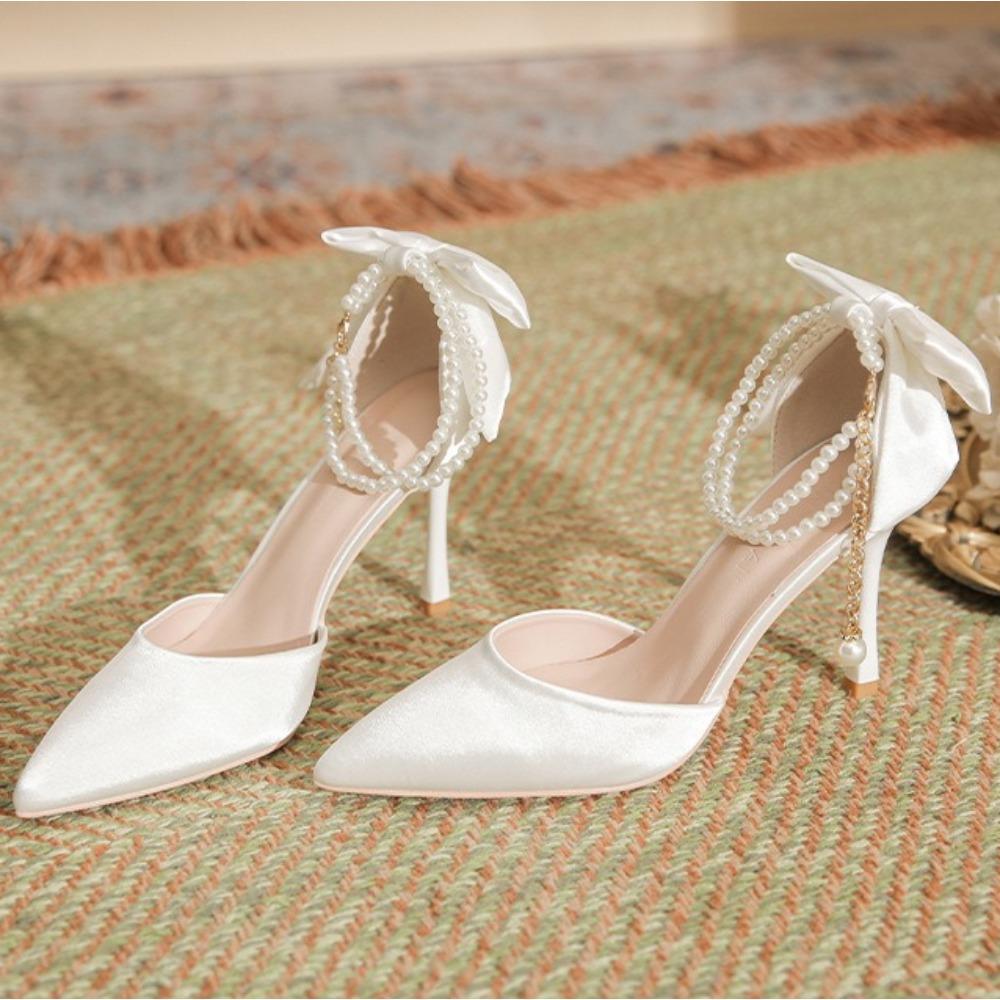 Fashion High Heeled Women's New Pointed Thin Heel Silk Satin Hollow Heel Bow High Heels Women Versatile Commuter Single Shoes for Women