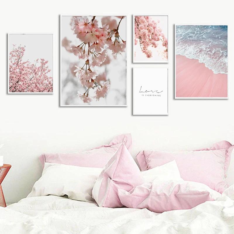 Pink Flower Petals Romantic Wall Decoration Painting Sea Beach Poster and Prints  Wall Art Canvas Living Room Frameless