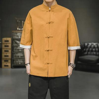 Kurzärmliges Tang-Anzughemd aus Leinen für Herren im Sommer, Fünf-Punkt-Ärmel, antiker chinesischer Hanfu-Zhongshan-Stil