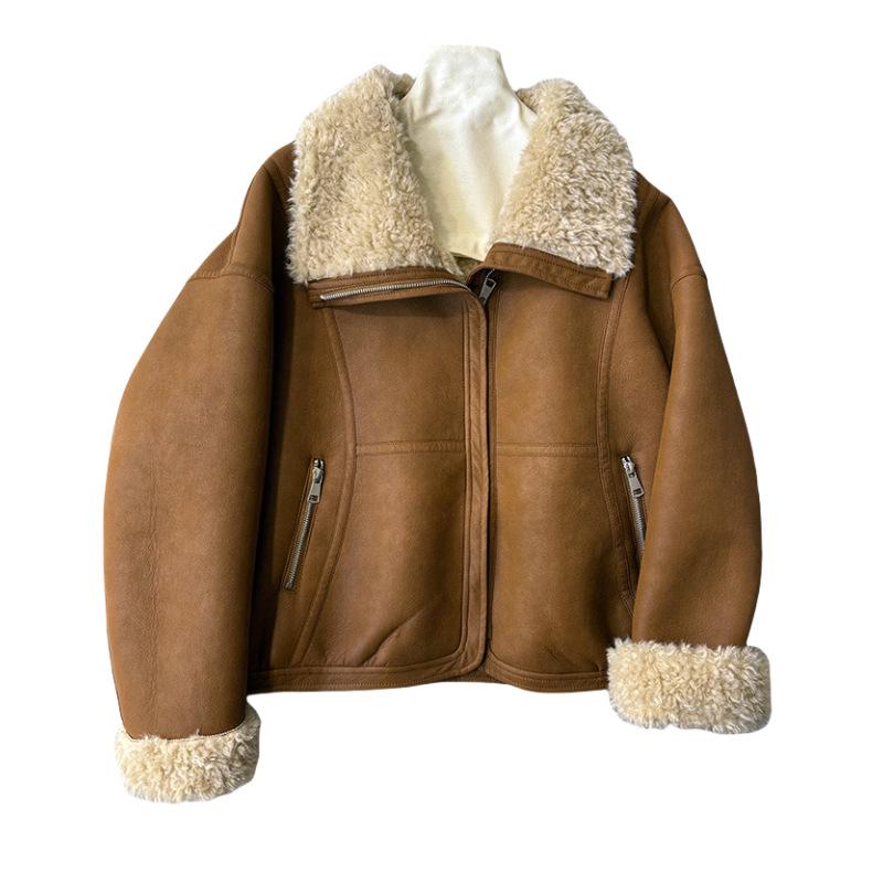 Women's 2024 Winter Korean Lapel Lambswool Fleece Short Leather Coat