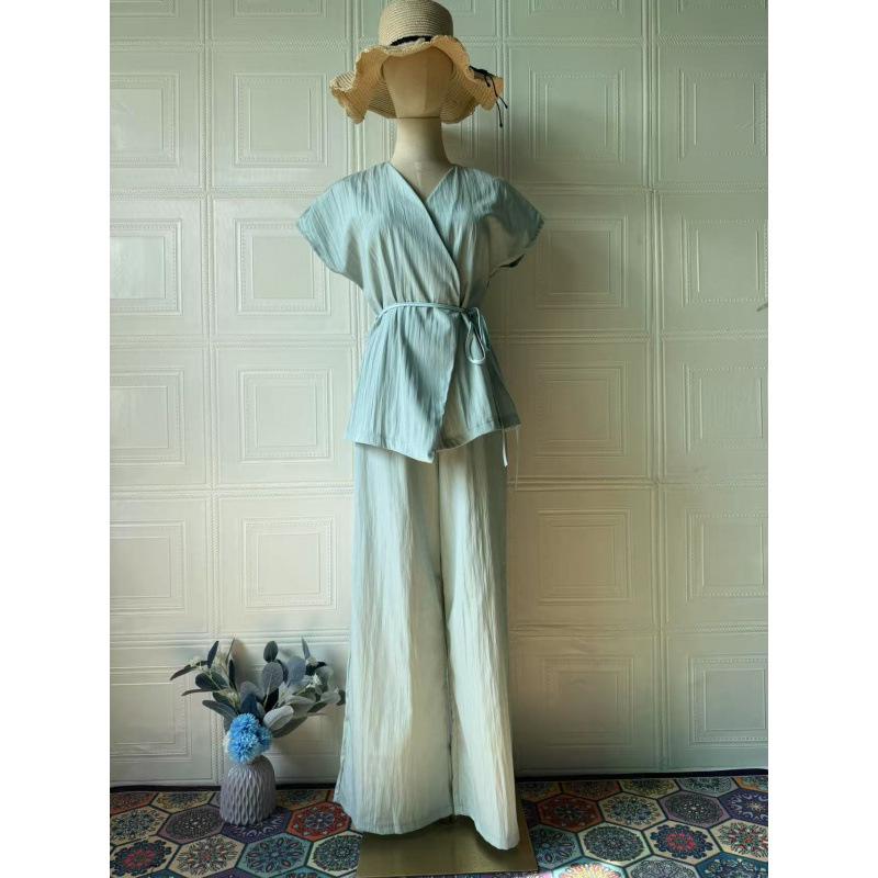 2025 Summer European & American Casual V-neck Short-sleeve Long Pants Fashion Set